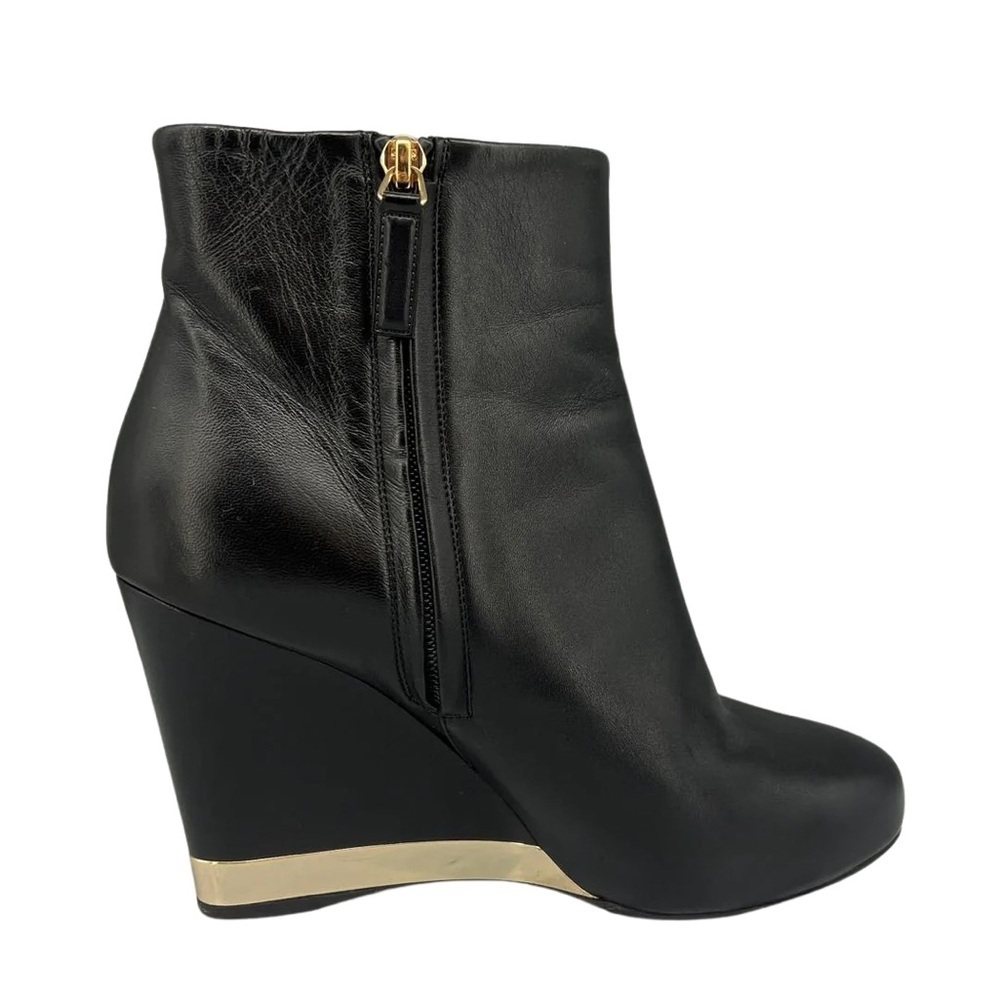 Chanel Black Lambskin Leather Wedge Ankle Boots Gold CC Trim - Picture 3 of 7